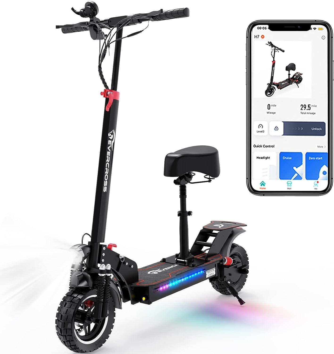 EVERCROSS App-Enabled Electric Scooter, Electric Scooter Adults with 800W Motor, Up to 28 MPH  28 Miles E-Scooter, Electric Scooter with Seat, Folding Offroad Electric Scooter with 10 Solid Tires
